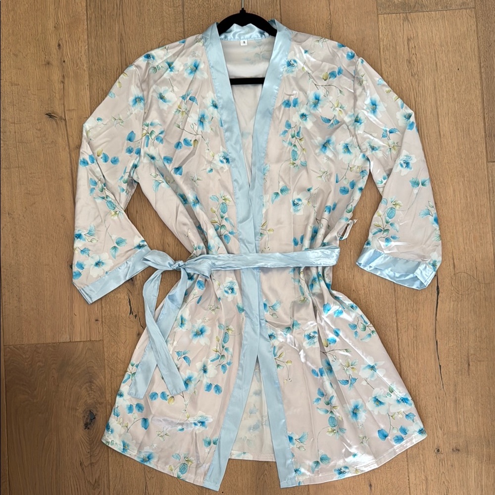 Floral Kimono Robe with Blue Accents
